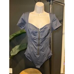 Popilush Shapewear Corset Bodysuit Zip Front Denim Blue Size Large